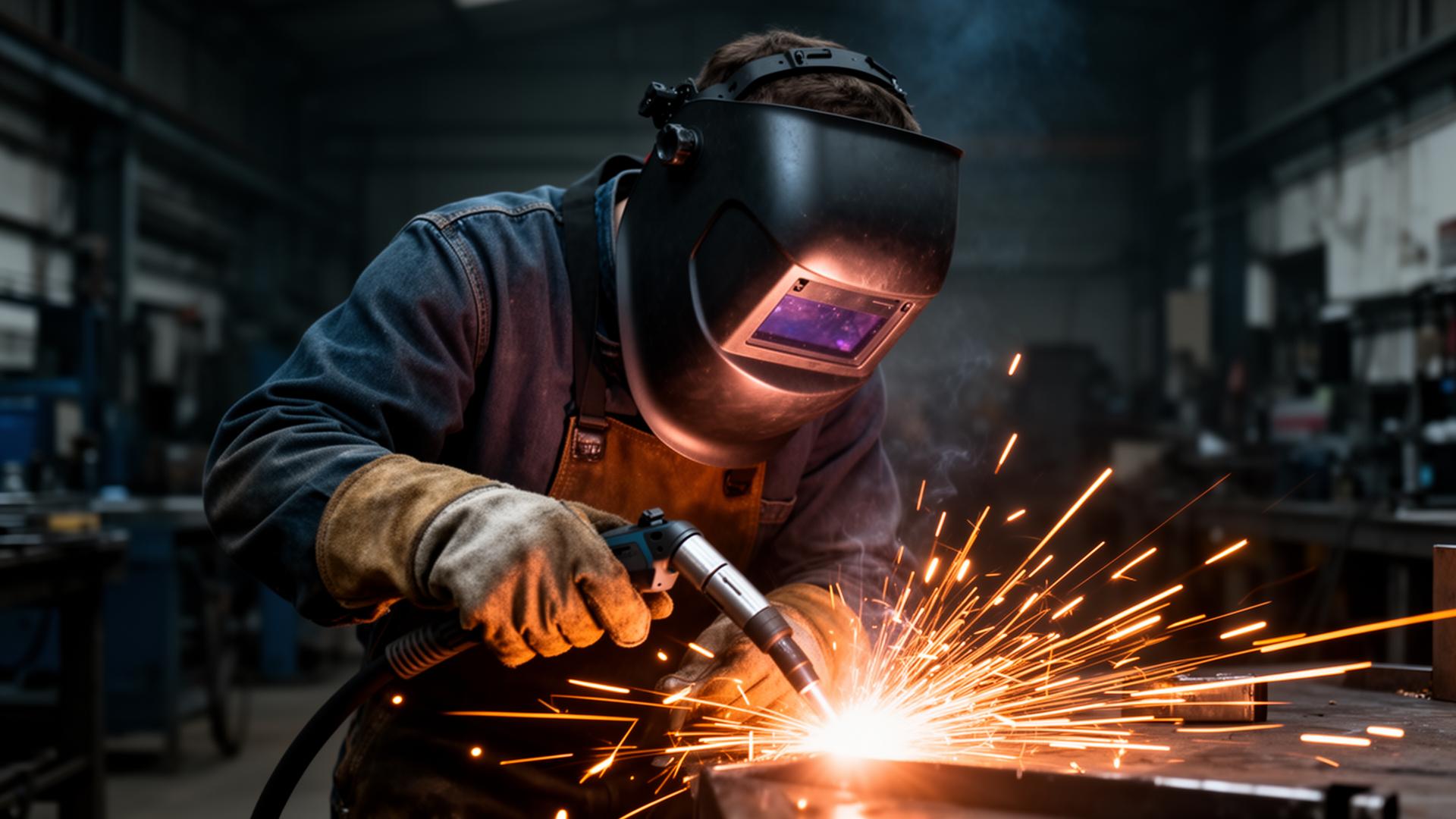 Mobile welder MIG welding with sparks